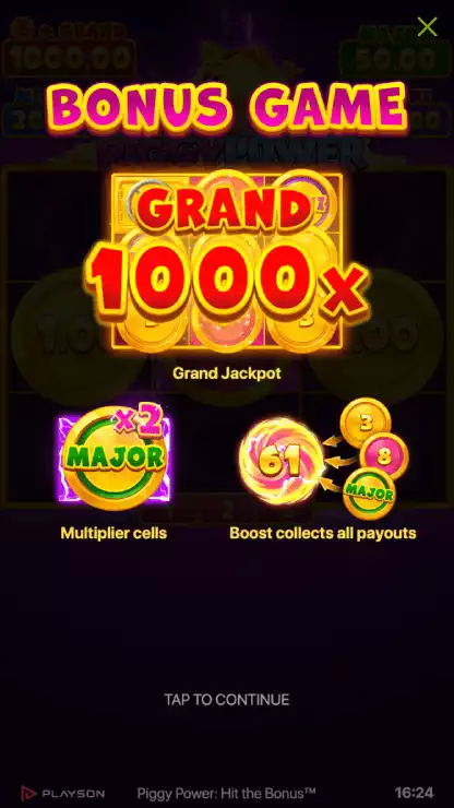 Piggy Power: Hit the Bonus — écran Bonus Game avec Grand 1 000×, multiplicateurs et symbole Boost