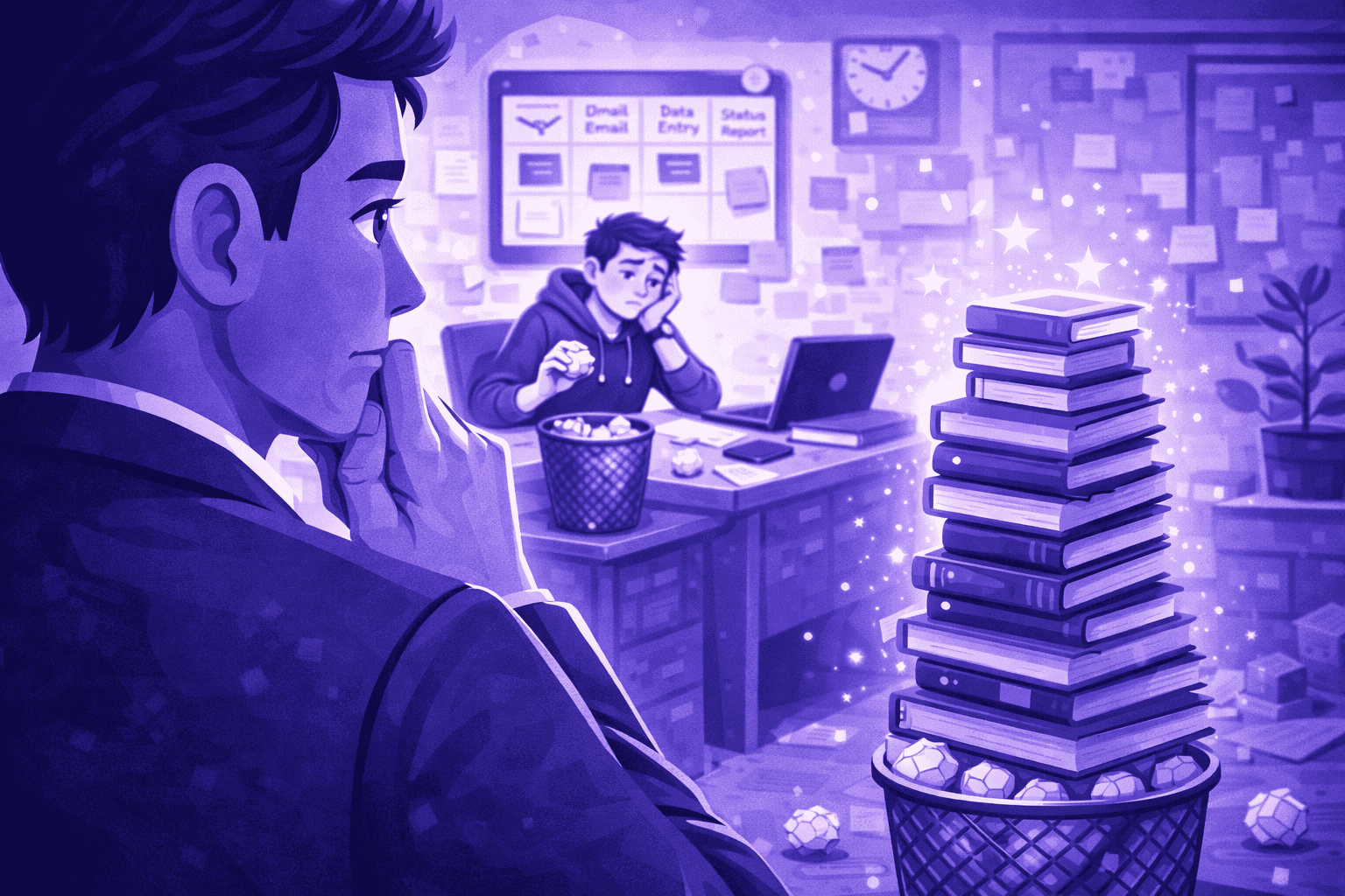 Thoughtful leader observing an underutilized employee with visible knowledge and untapped potential in the workplace