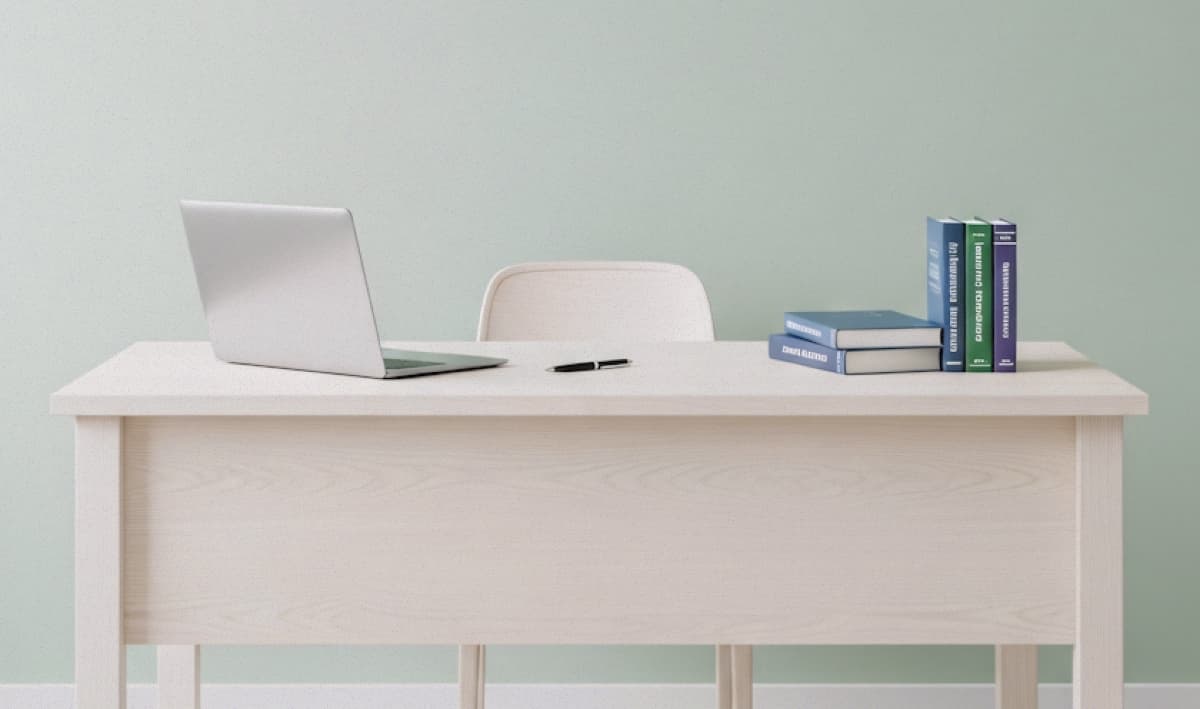 Minimalist desk with a laptop, empty chair and books