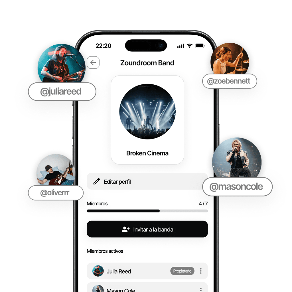 Plan Band de Zoundroom con múltiples integrantes colaborando en un mismo proyecto
