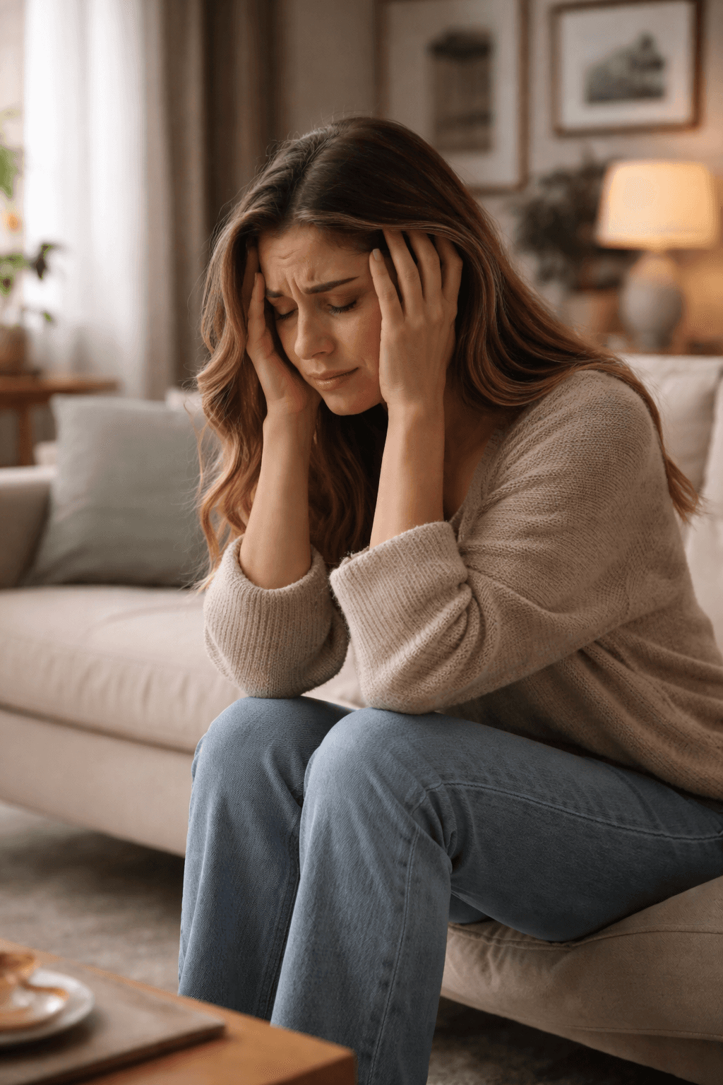 A woman sits on a couch in a living room, holding her head in her hands, appearing distressed or anxious. The room is warmly lit with soft decor.