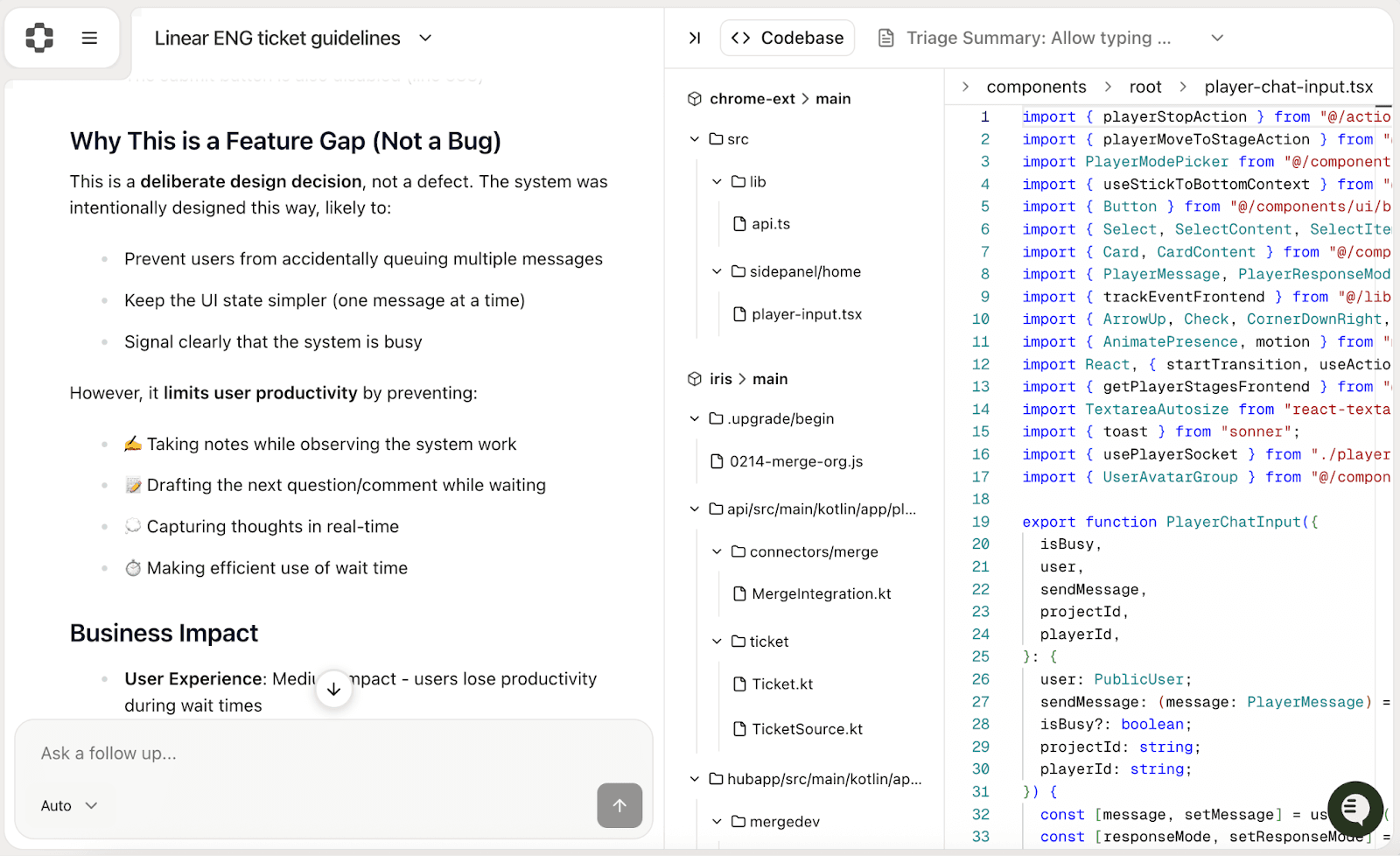 PlayerZero chat interface showing the triage conversation with code references highlighted. The UI displays the semantic search results on the left panel, the main chat in the center showing my analysis with inline file citations like [path="...player-chat-input.tsx"], and the file viewer on the right showing the exact line of code.
