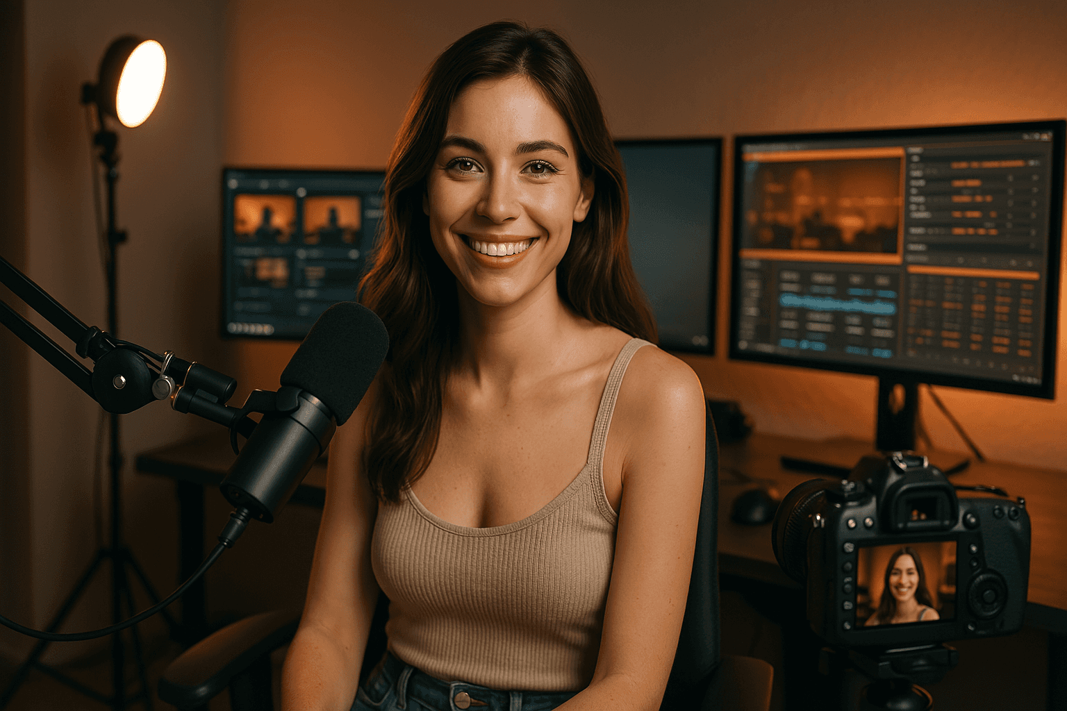 streamer lány munkában webcam stúdióban dolgozik