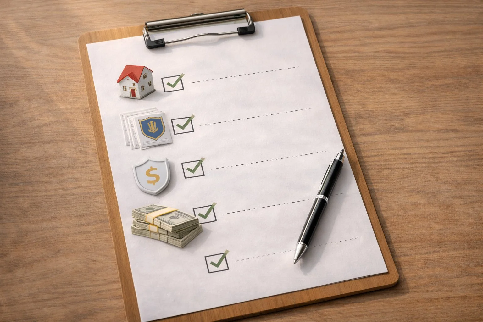 Neatly arranged desk checklist using icons to represent rent, licenses, insurance, and payroll, showing how business costs add up in an organized way.