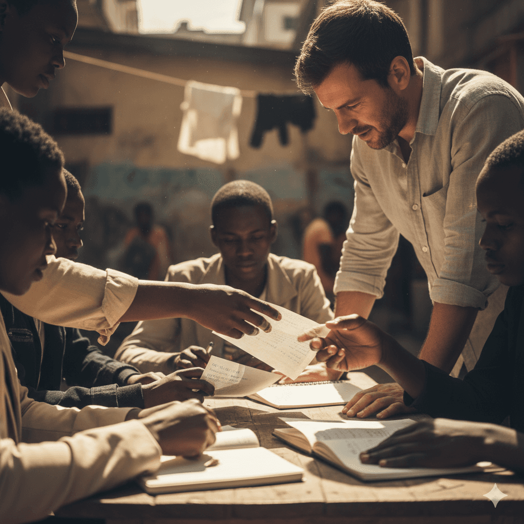 four boys laughing and sitting on grass during daytime
