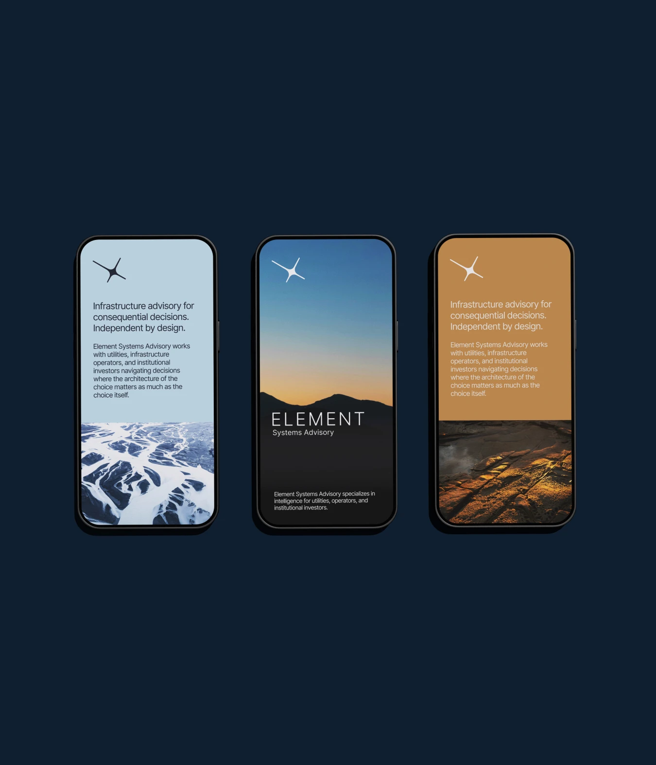 A digital display of 3 advertisements for Element Systems Advisory