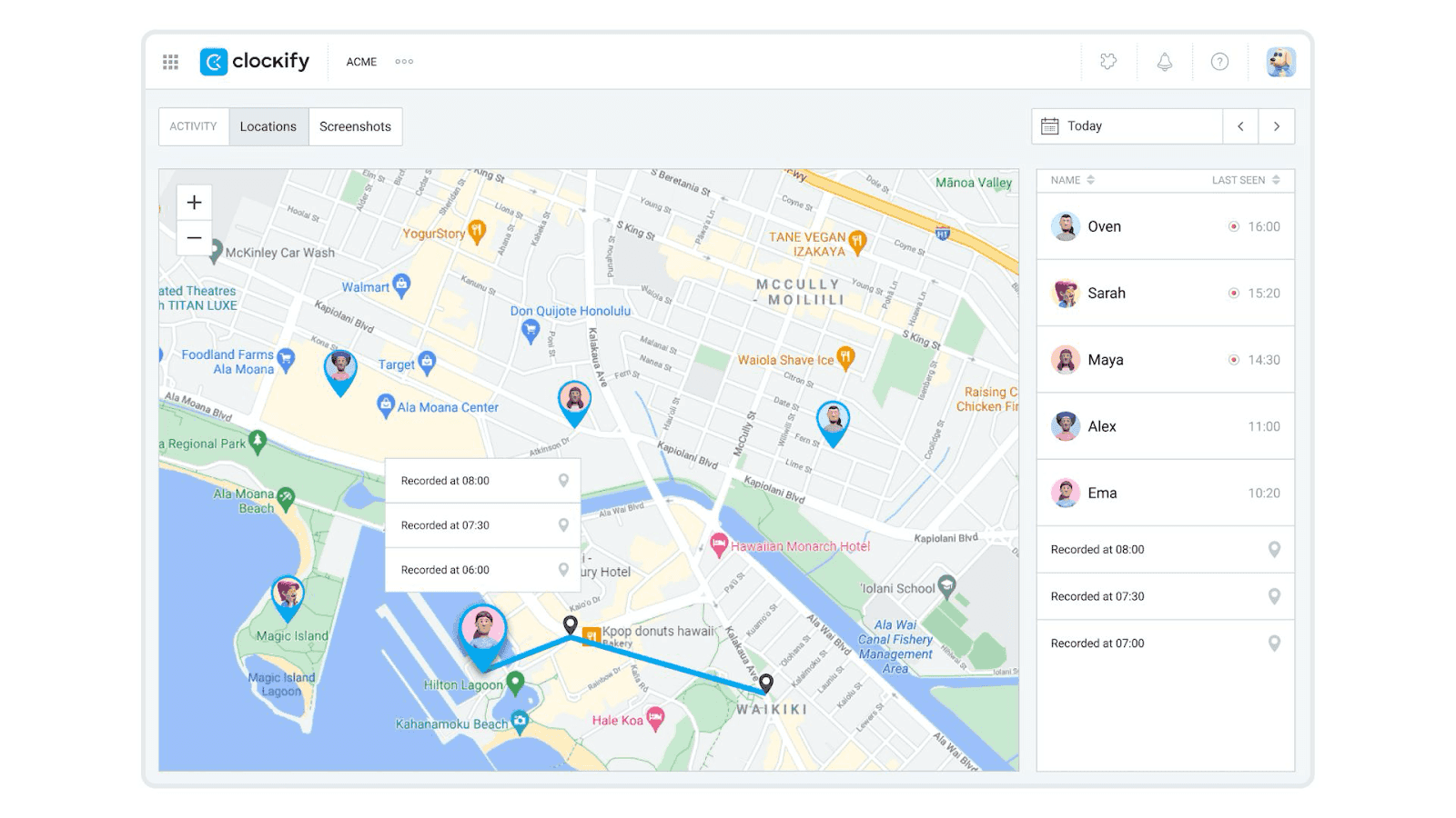 Clockify’s team GPS location tracking dashboard map