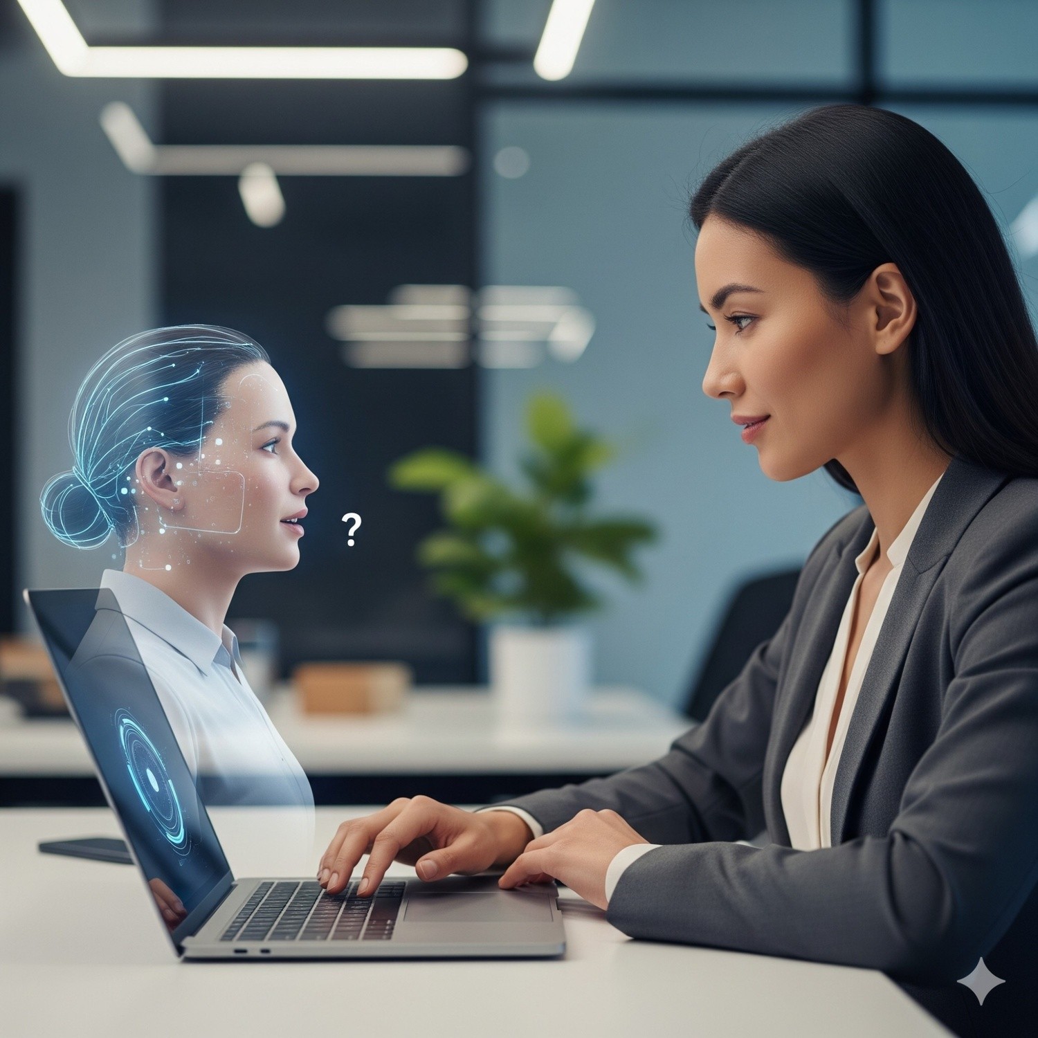 A woman is giving the interview through the AI assistant