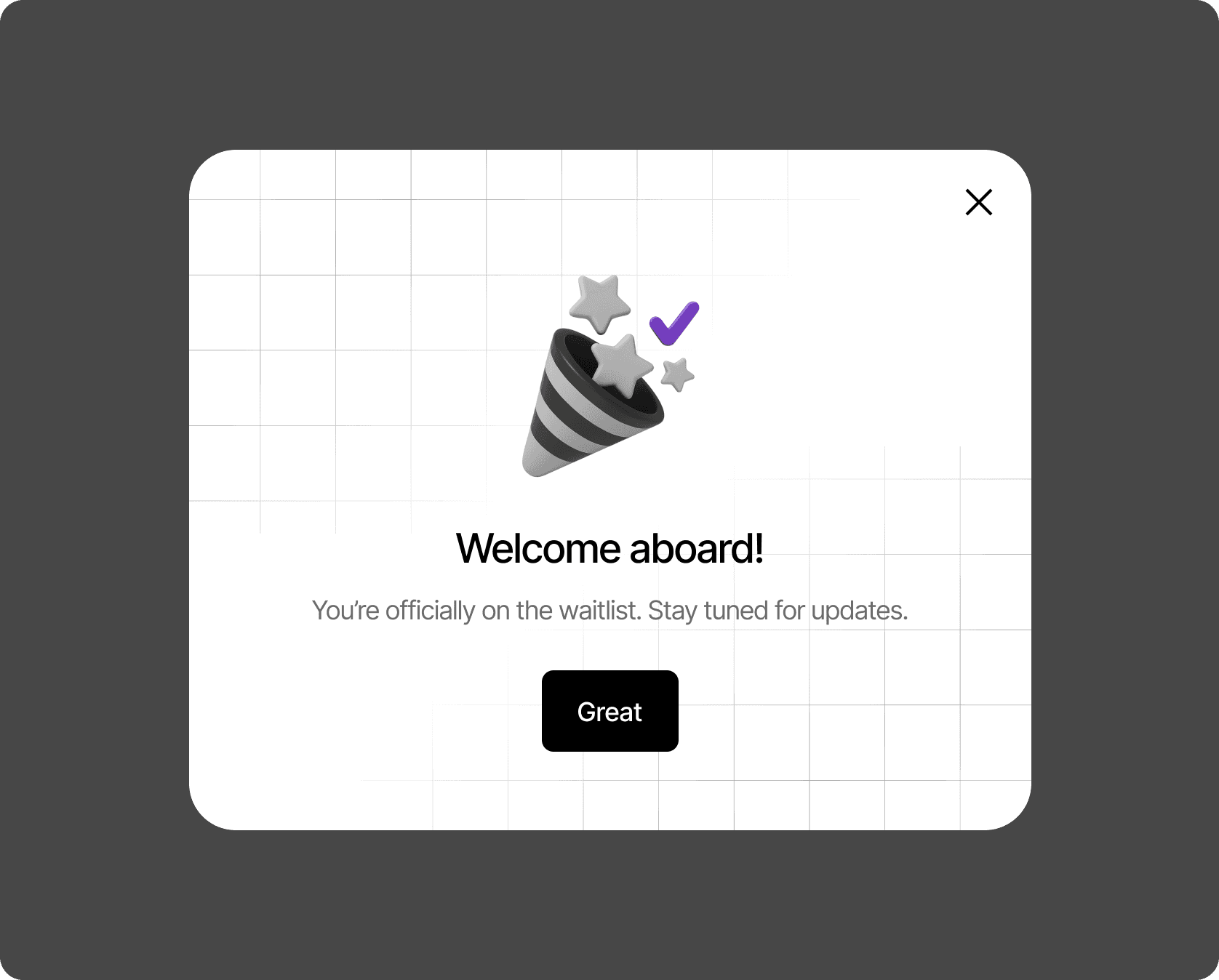 Confirmation modal with success message and confetti icon