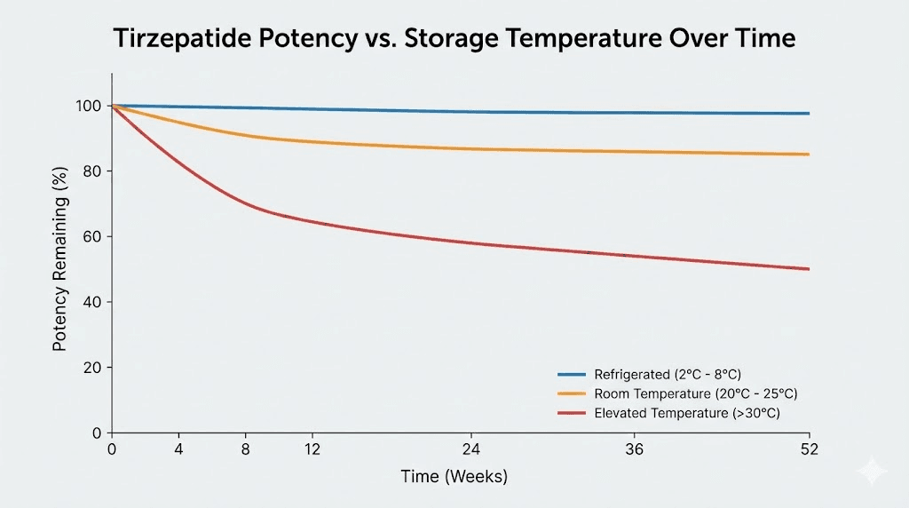 Tirzepatide potency loss chart at different storage temperatures over time