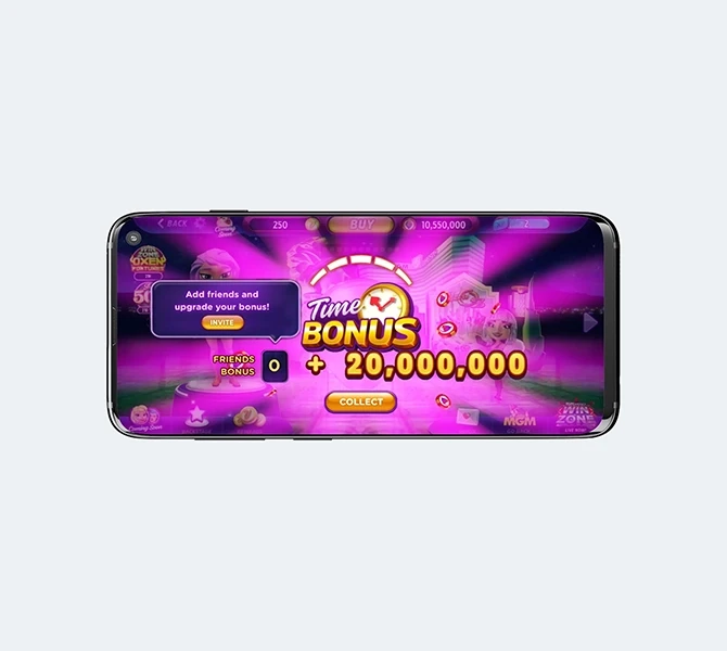 'Time Bonus' collection screen design utilizing vibrant colors and clear typography to drive Daily Active Users (DAU) and player retention.