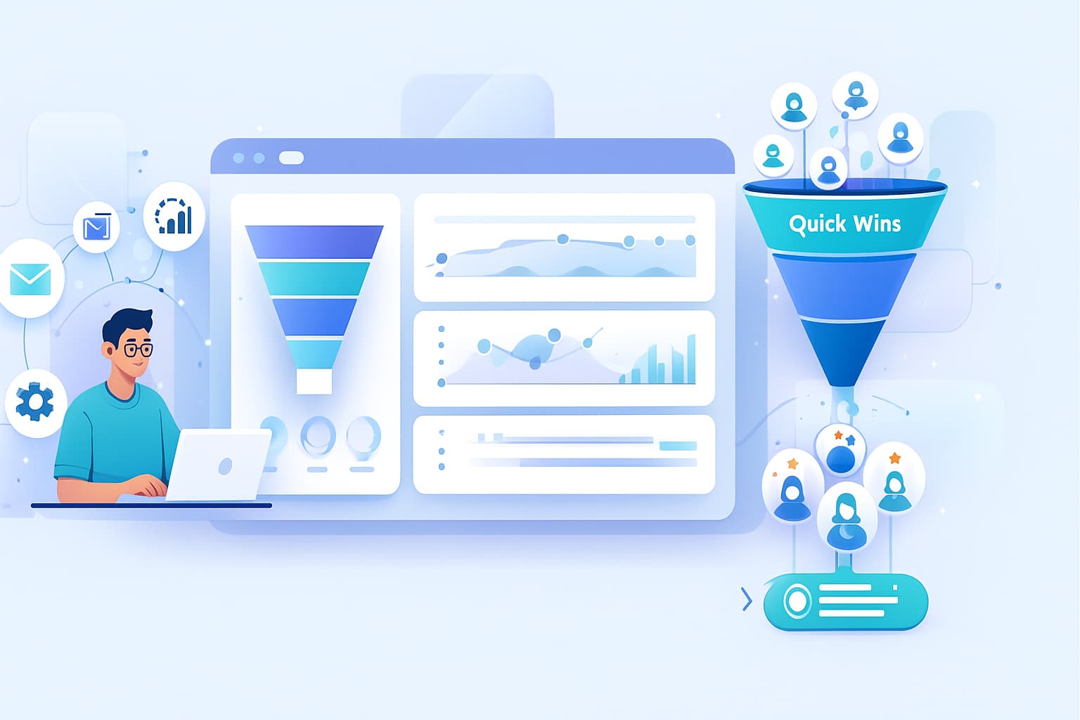 “Illustration depicting lead generation strategies for the SaaS industry, featuring a sales funnel, user profiles, and analytics dashboards”.