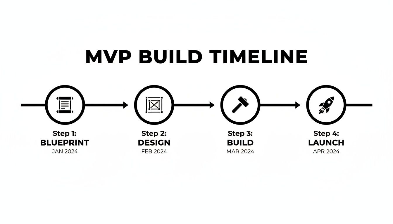 A visual timeline illustrating the four-step MVP build process: Blueprint, Design, Build, and Launch.