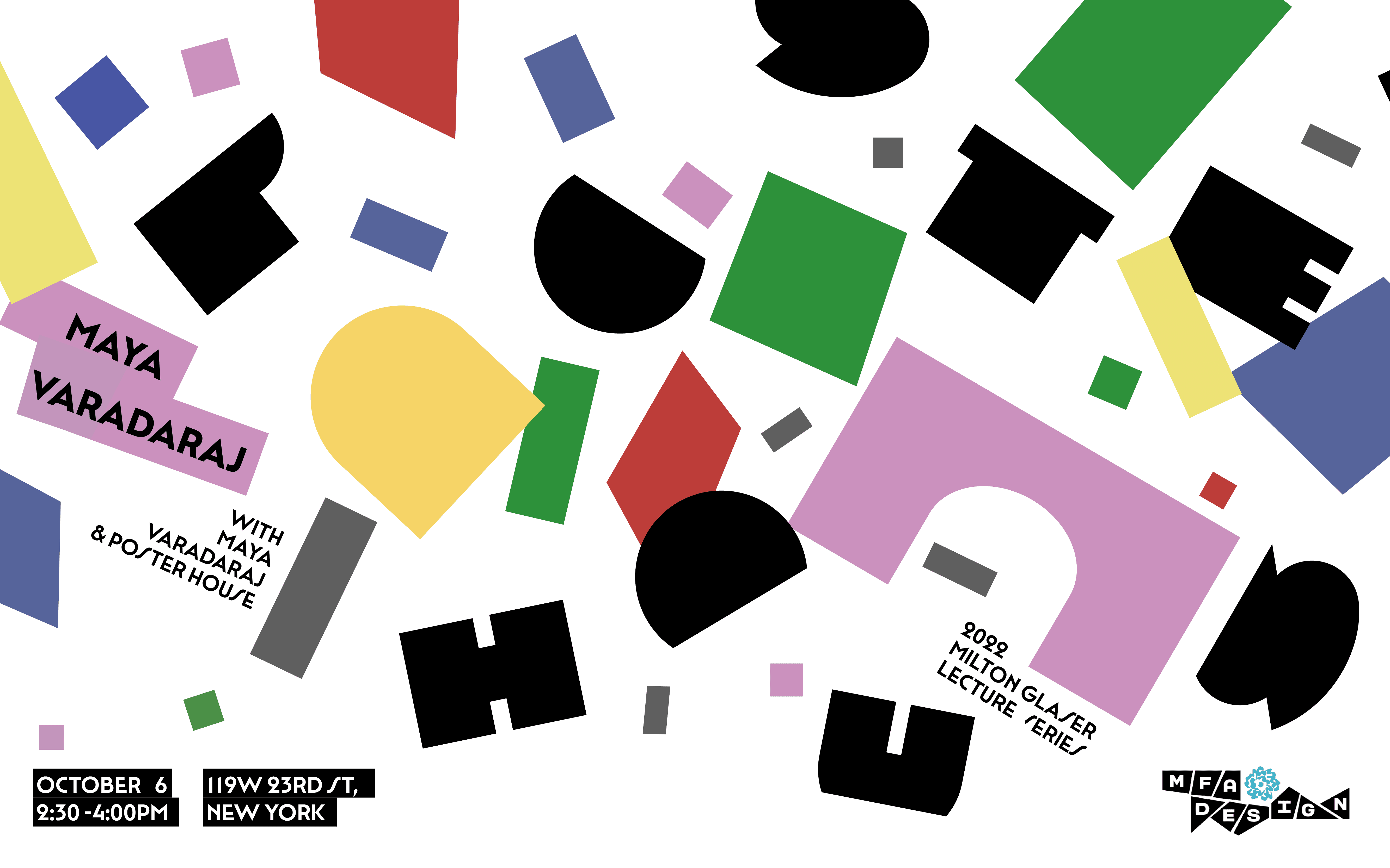 poster announcing the Maya Varadaraj lecture, colorful shapes
