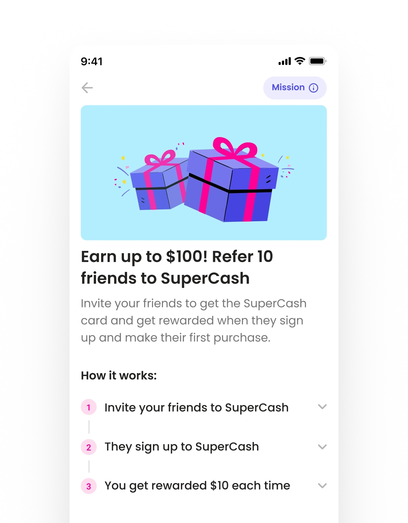 Mobile screen displaying the referral mission ‘Earn up to $100! Refer 10 friends to SuperCash,’ illustrated with two purple gift boxes tied with pink ribbons. The steps list inviting friends, sign-ups, and $10 rewards per referral, followed by sharing options via Copy, Messenger, SMS, and WhatsApp icons.