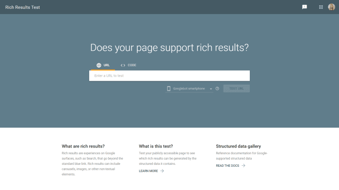 Image of the Rich Results Test search page