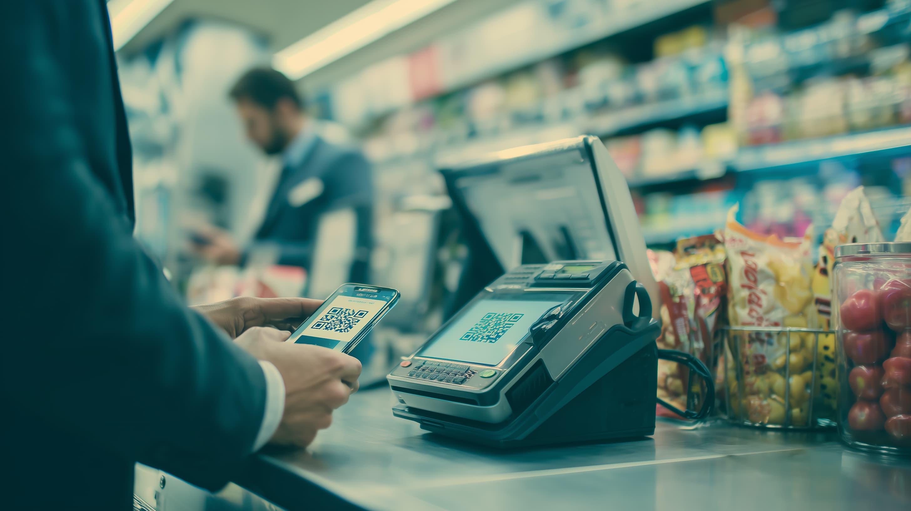 A point-of-sale terminal in a convenience store, representing lottery and gaming operations.