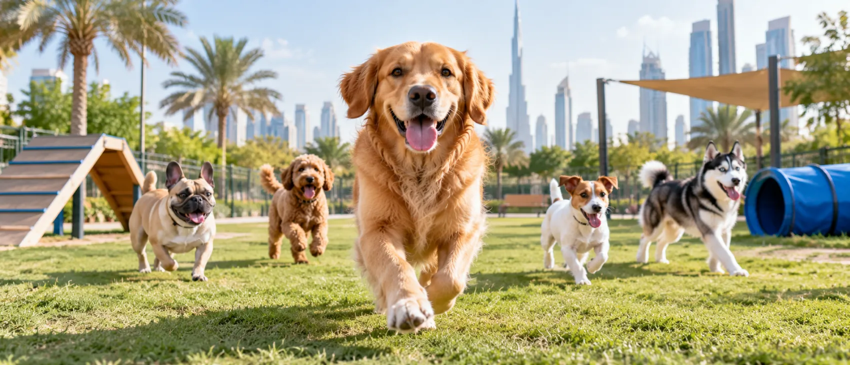 Dogs running together across a grassy park with Dubai's skyline behind them.