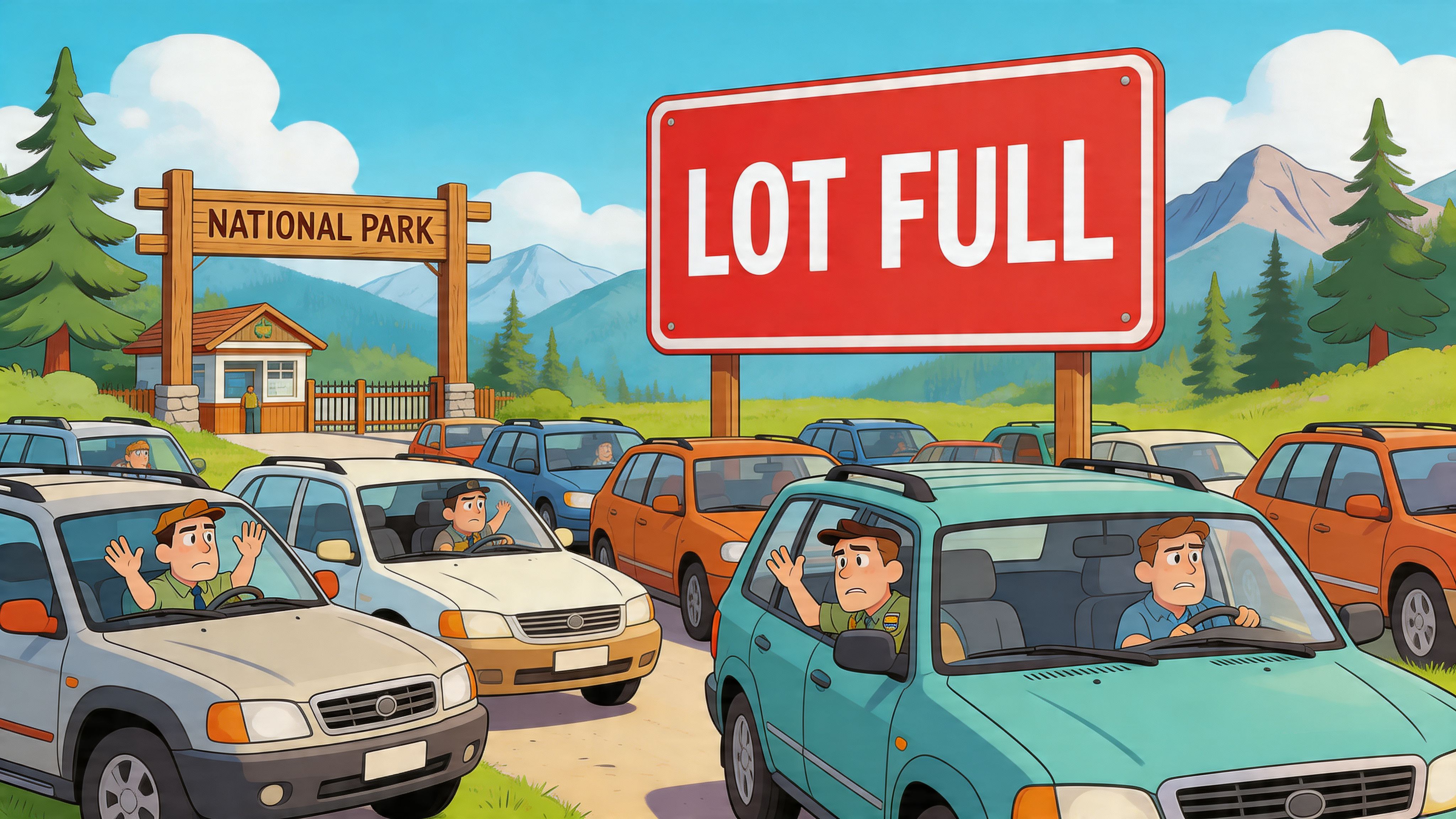 A cartoon scene of a crowded line of cars facing a National Park entrance with Lot Full sign.