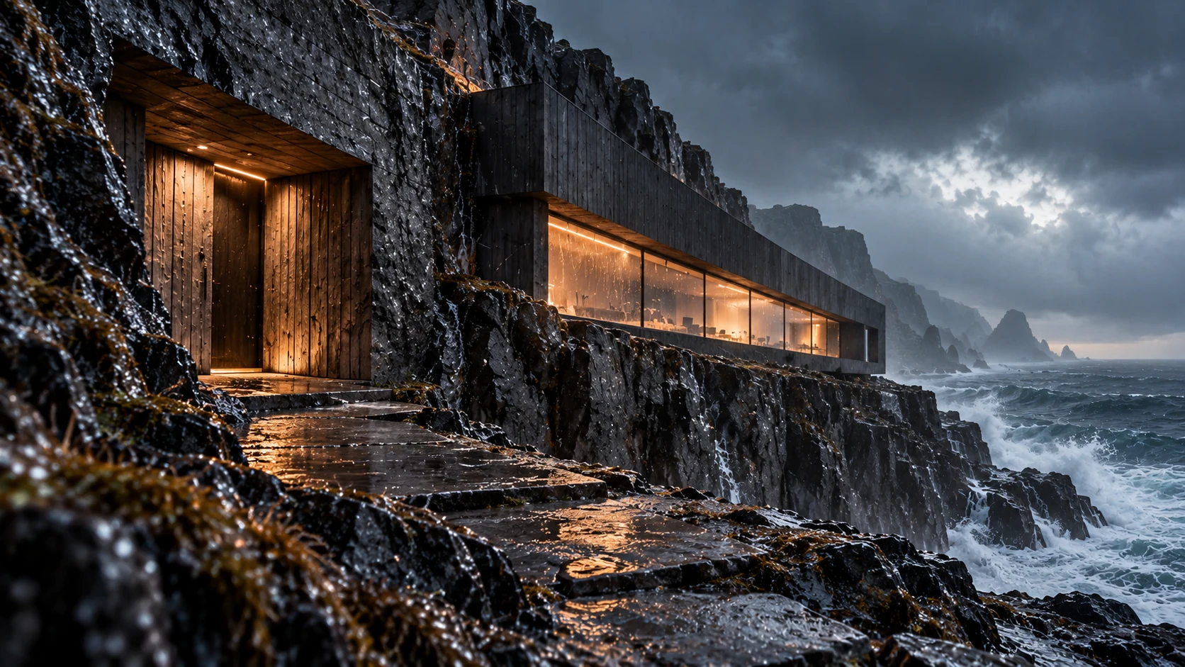 Fictional Storm House: wet stone steps leading to the timber entrance and glazed living volume on the cliff.