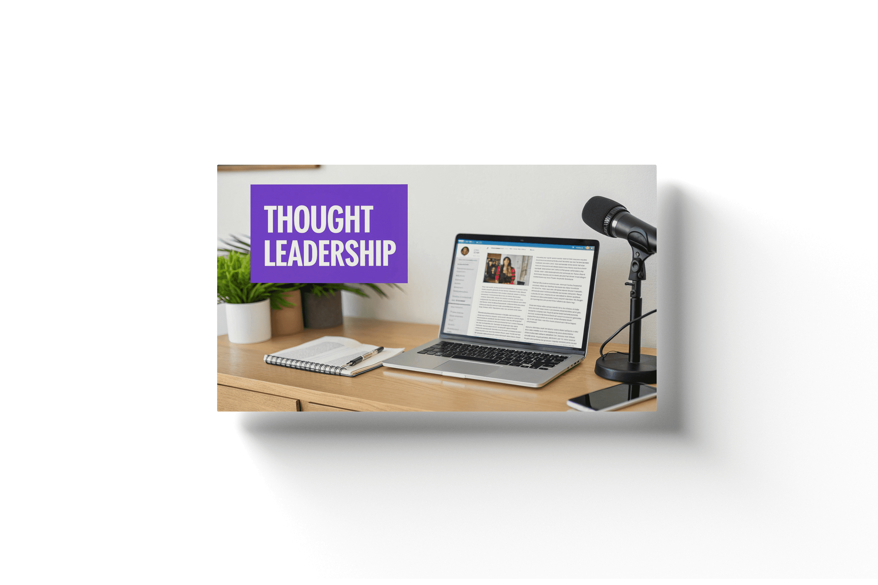 a desk with a laptop, microphone, and purple card displaying the text 'thought leadership'