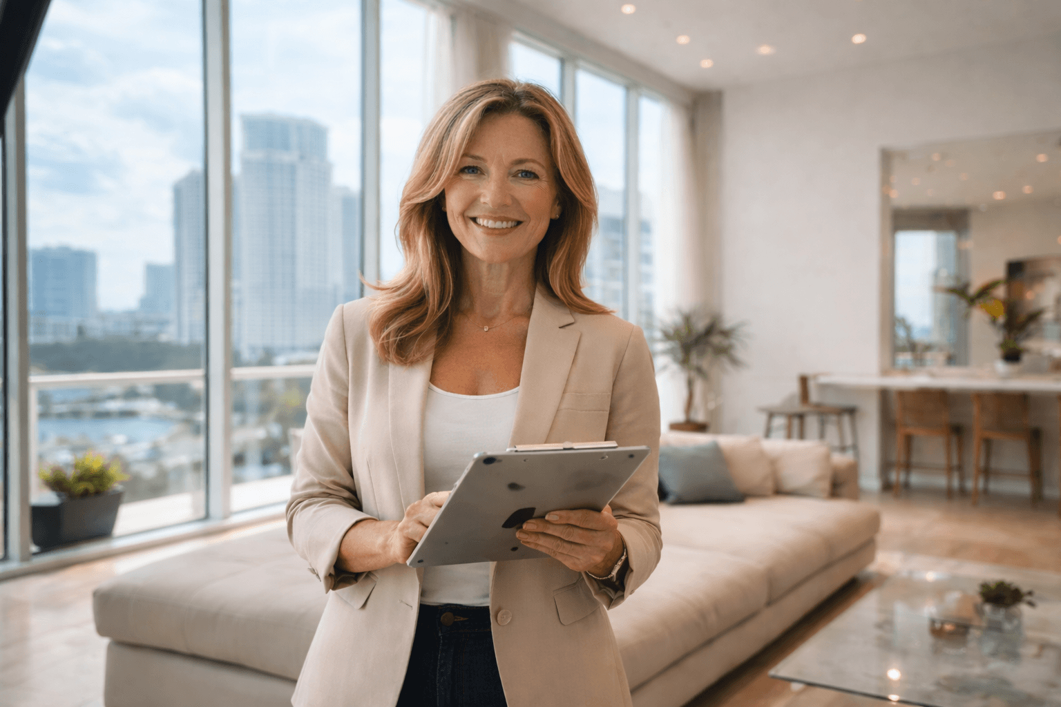 Woman in a beige turtleneck by an old computer and TV, retro 80s office portrait.
