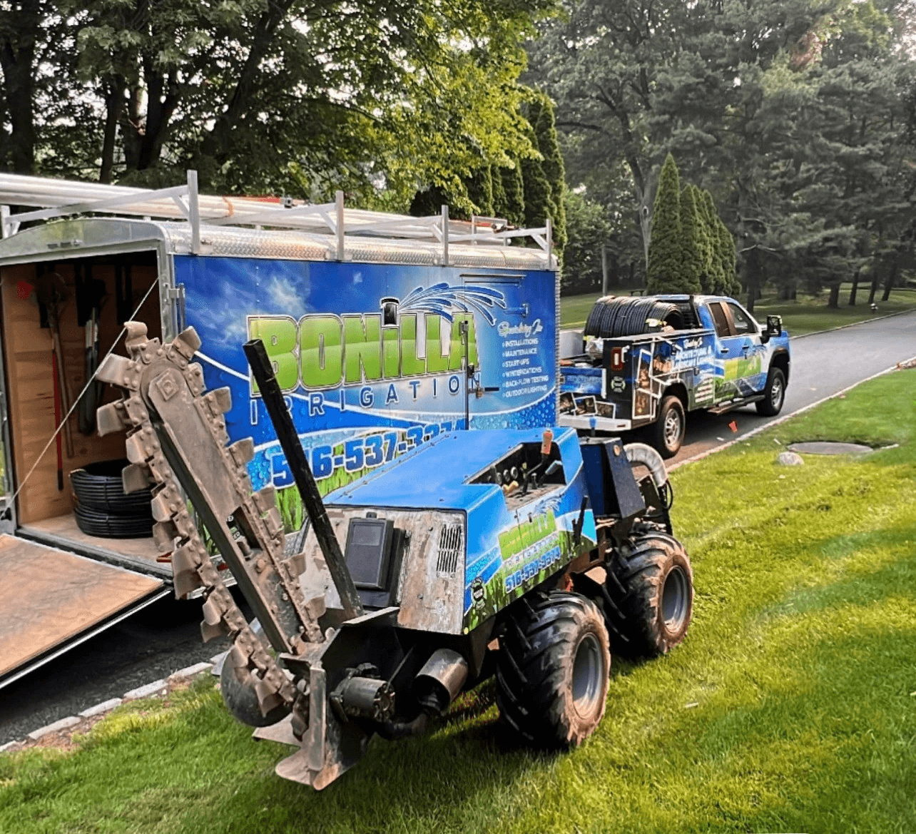Bonilla Irrigation & Contracting trenching equipment on site, Long Island NY
