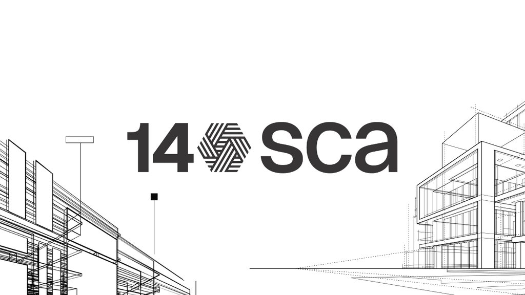 Logo 140 años de la Sociedad Central de Arquitectos rodeado de dibujos lineales de edificios