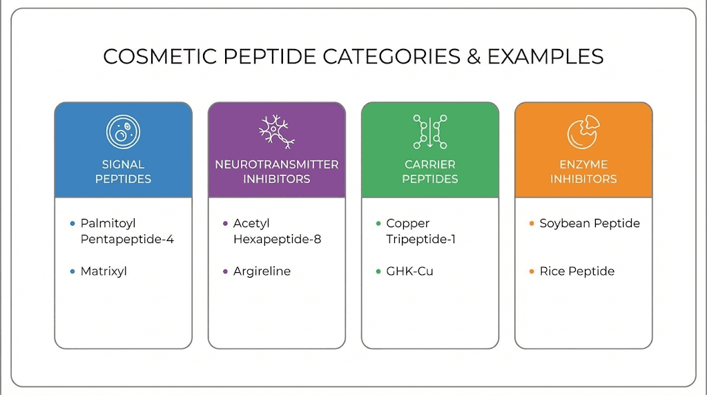 Cosmetic peptide categories infographic showing signal, carrier, and inhibitor peptides