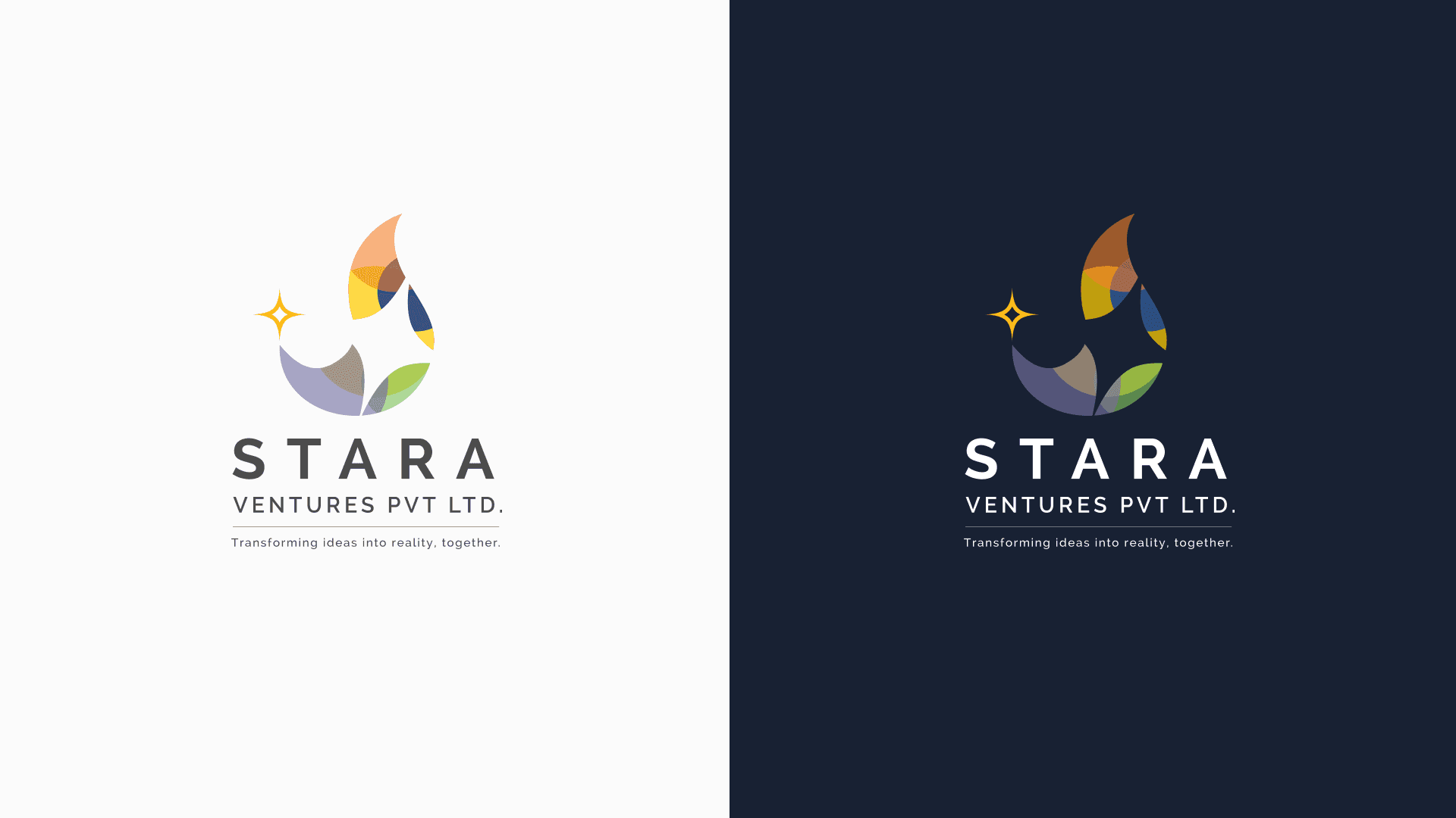 Stara Ventures logo design on light and dark backgrounds — investment brand identity by Penguincil Design