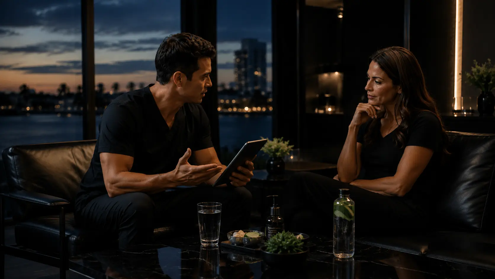 Two people in consultation at a table with a tablet at dusk