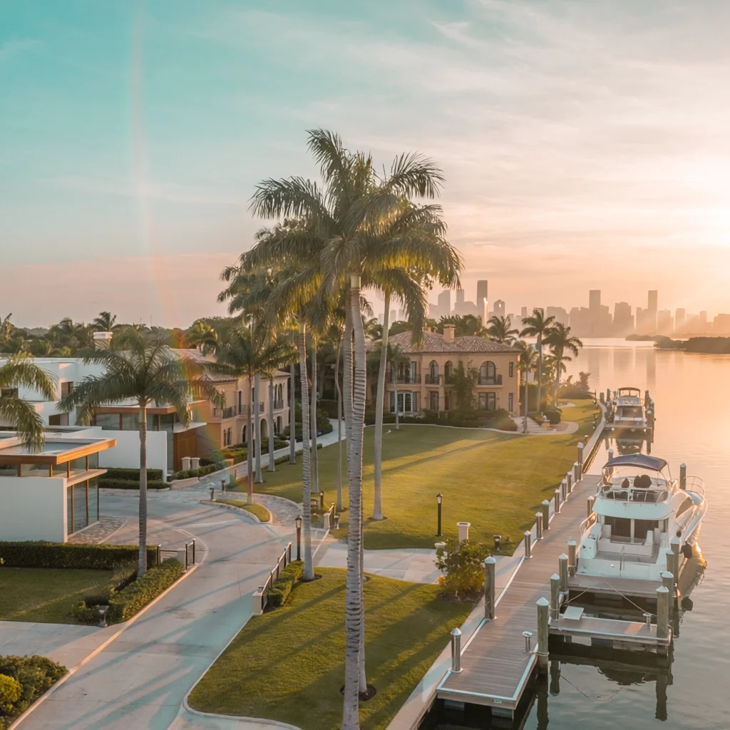 Aerial view of Star Island waterfront at sunrise featuring luxury estates, palm-tree-lined streets, private boat docks with yachts, and the Miami skyline in the background