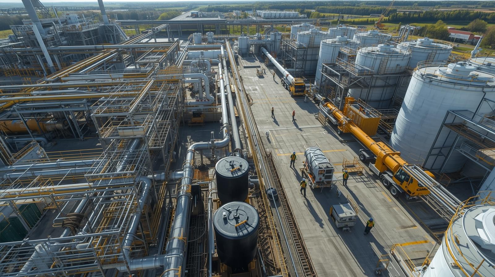 Aerial view of an Oil & Gas worksite with pipelines, storage tanks, and PPE-equipped workers in natural daylight.