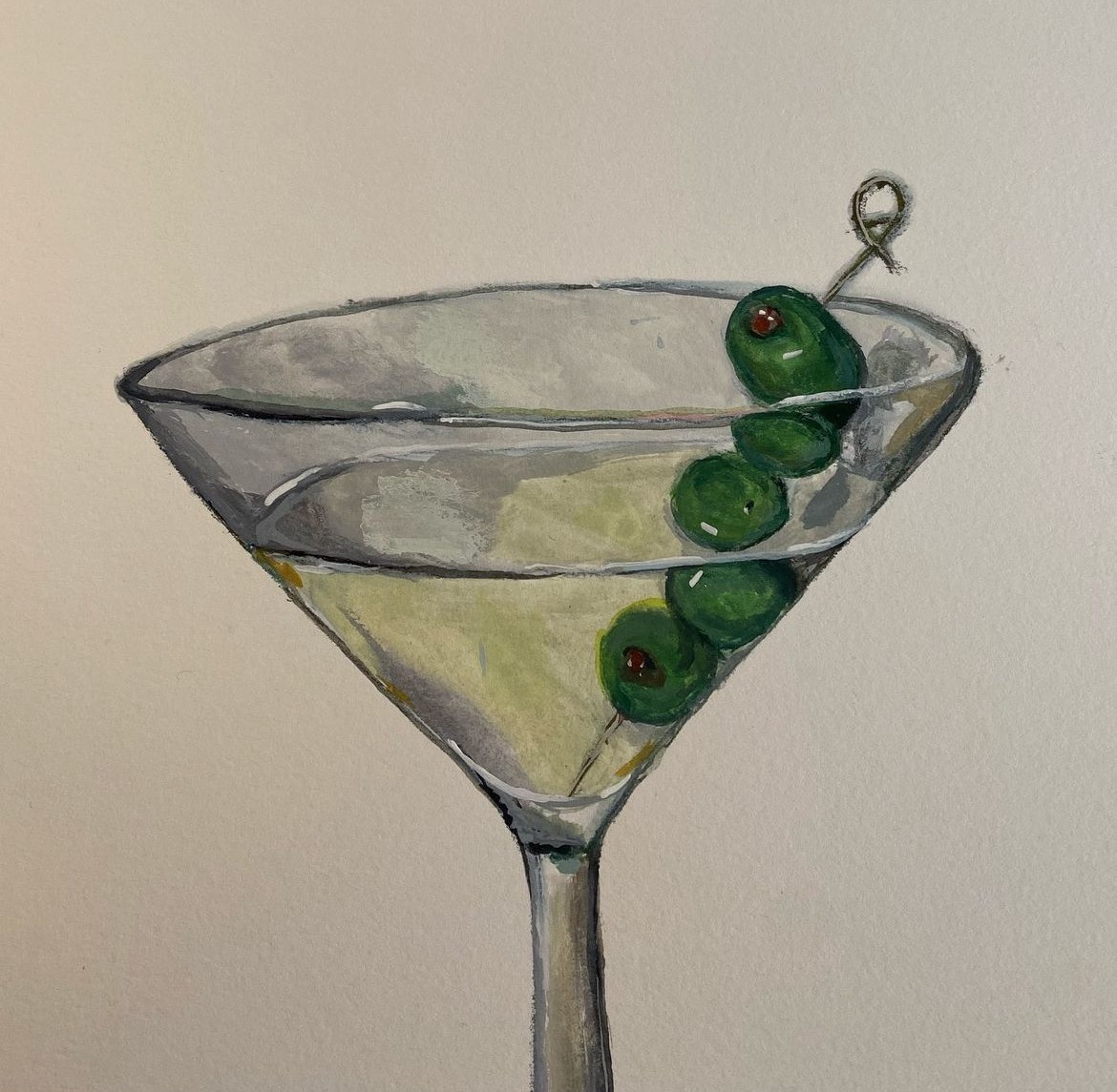 Painting of a martini glass with an olive and blue patterned background