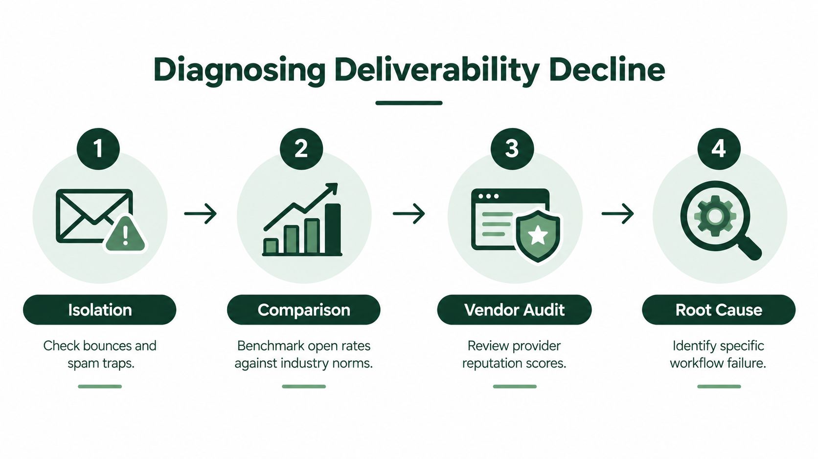 A four-step infographic illustrating the process for diagnosing and resolving email deliverability decline issues.