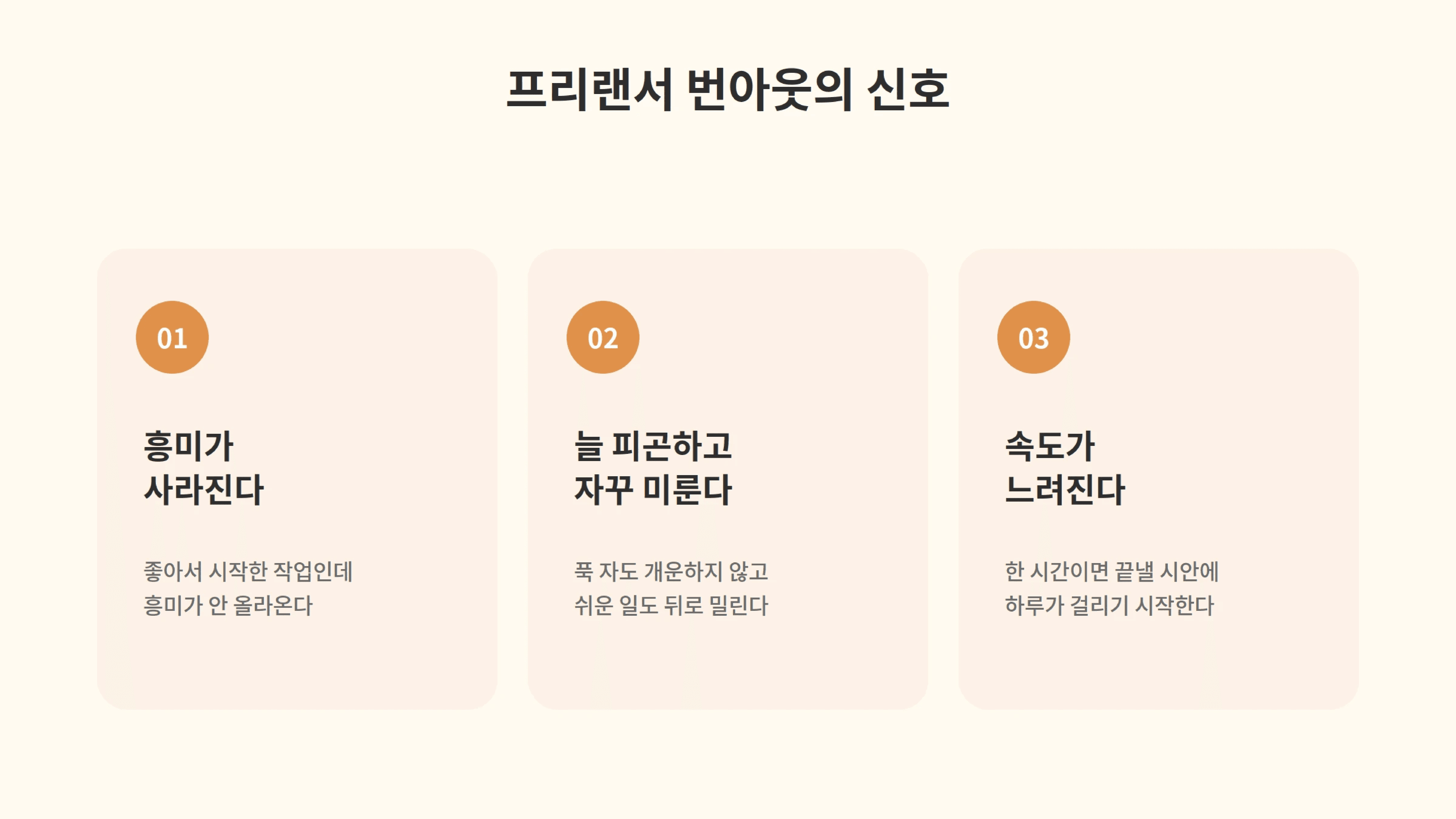 프리랜서 번아웃의 대표 신호인 흥미 상실과 만성 피로와 작업 속도 저하 세 가지를 정리한 도식.