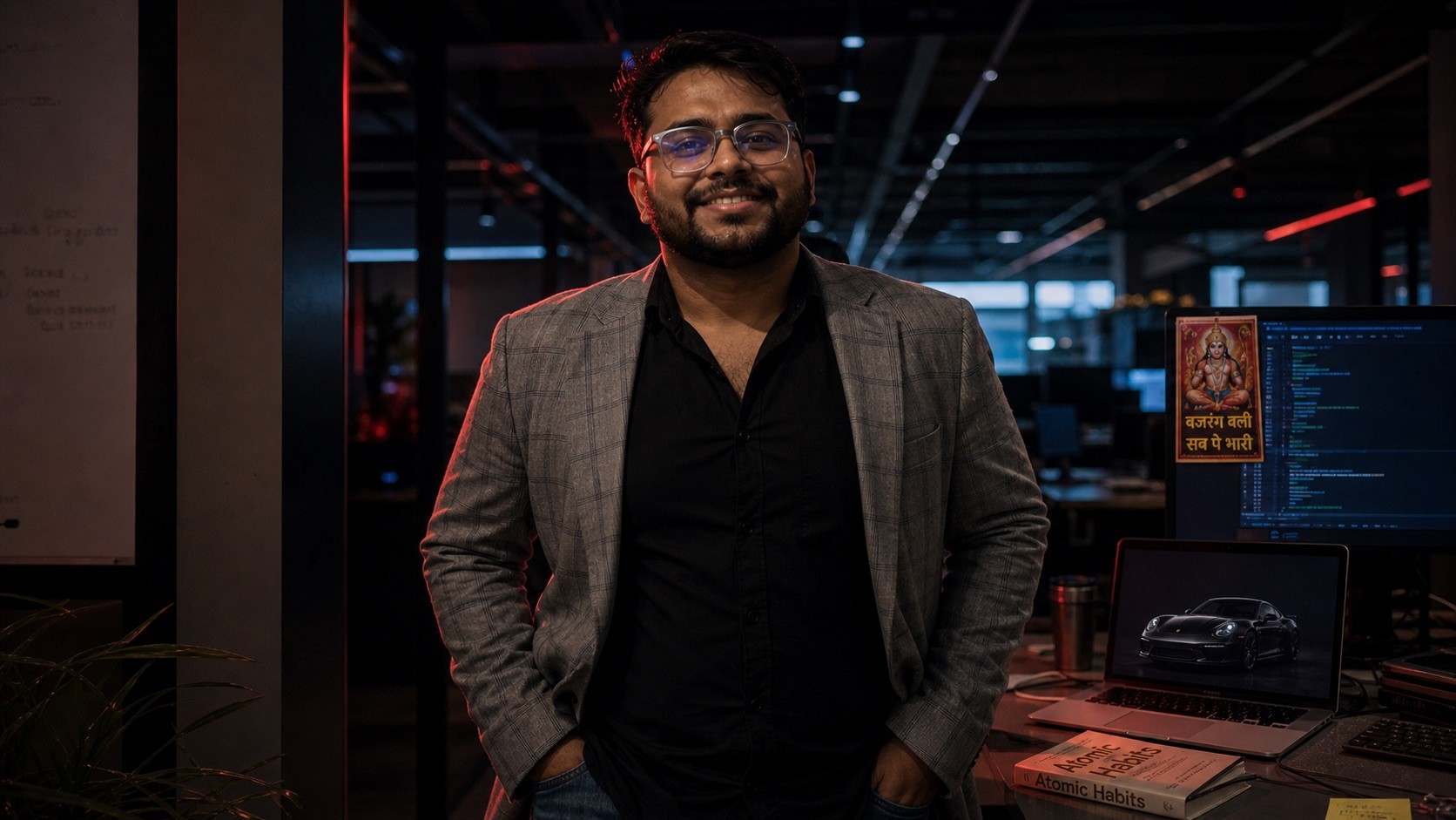 Akash standing beside an applied AI workspace