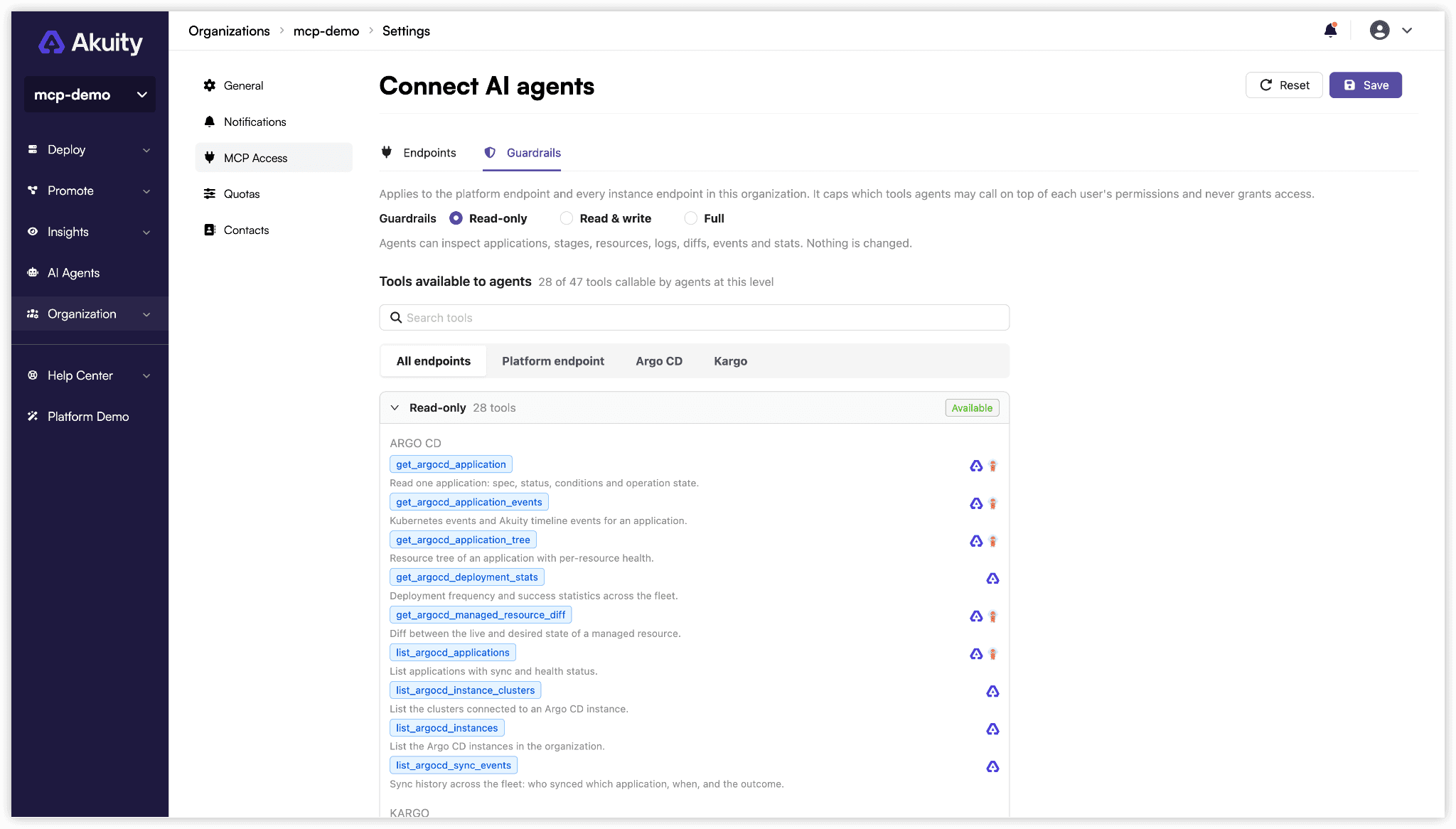 Figure 2: The Guardrails tab with Read-only selected and the tool catalog visible.