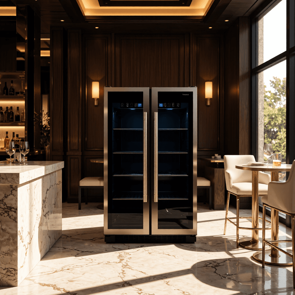 product photography of a compact refrigerator with dual doors for food storage