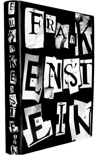 A black and white cover book reading Frankenstein on the side.