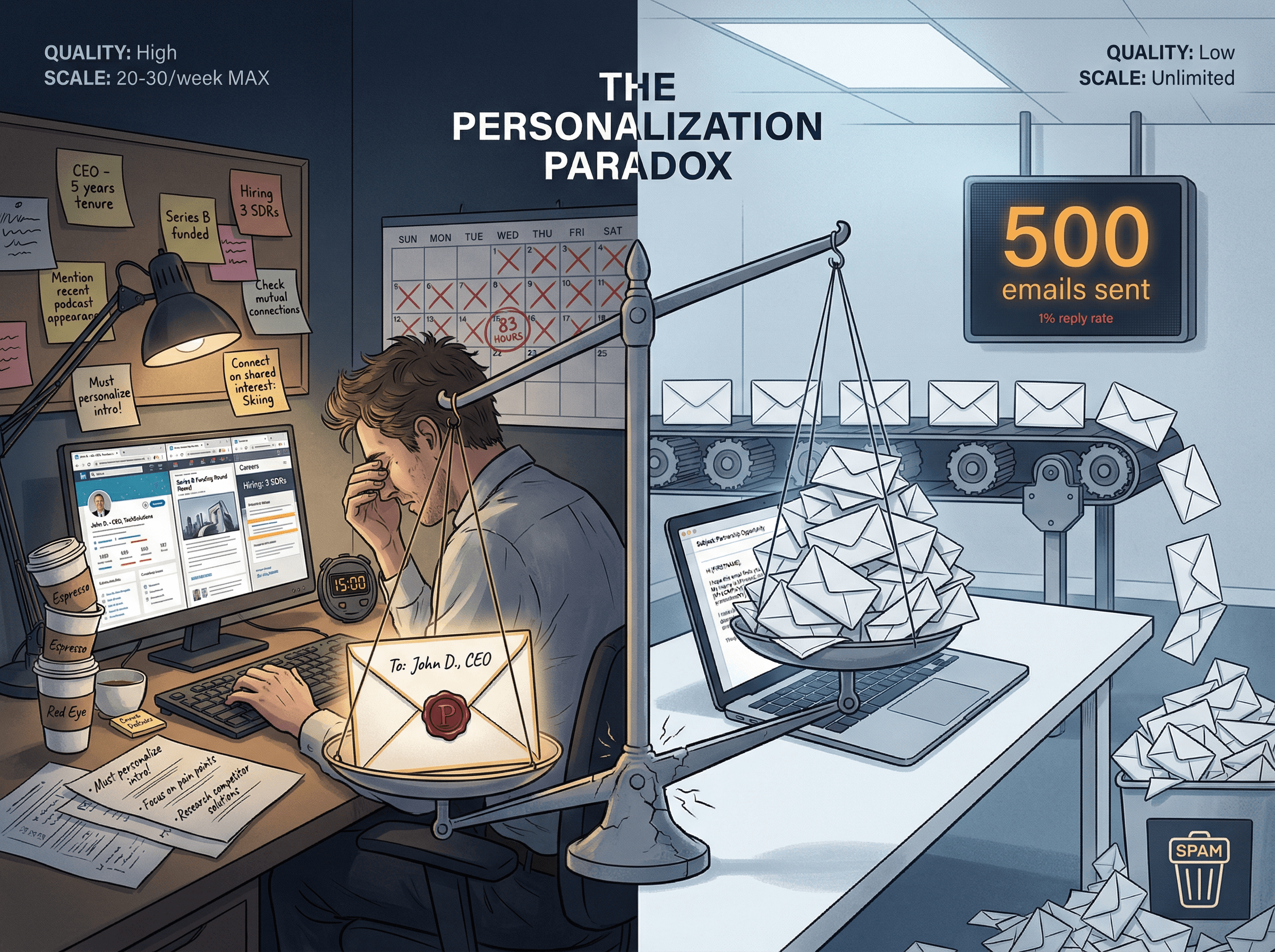 Visual metaphor showing the impossible balance between quality personalization and automation scale in cold email