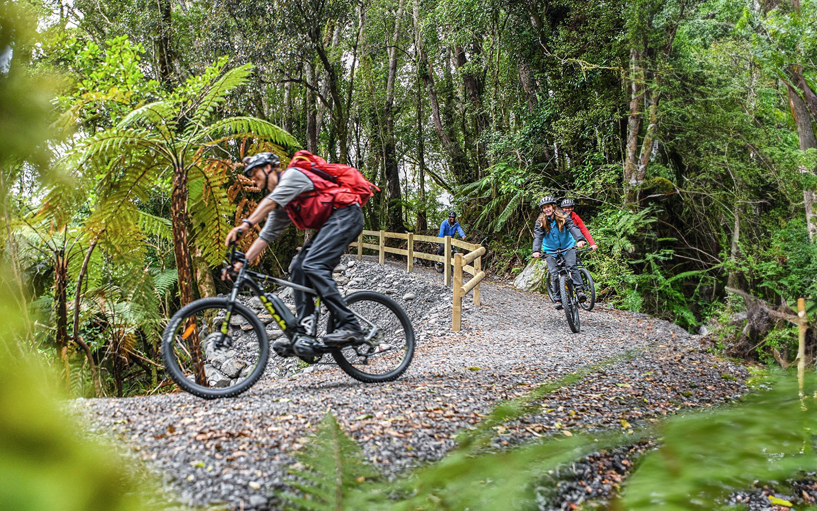Ciclistas en un tour guiado en bicicleta eléctrica por el sendero del bosque del Valle del Glaciar Fox.