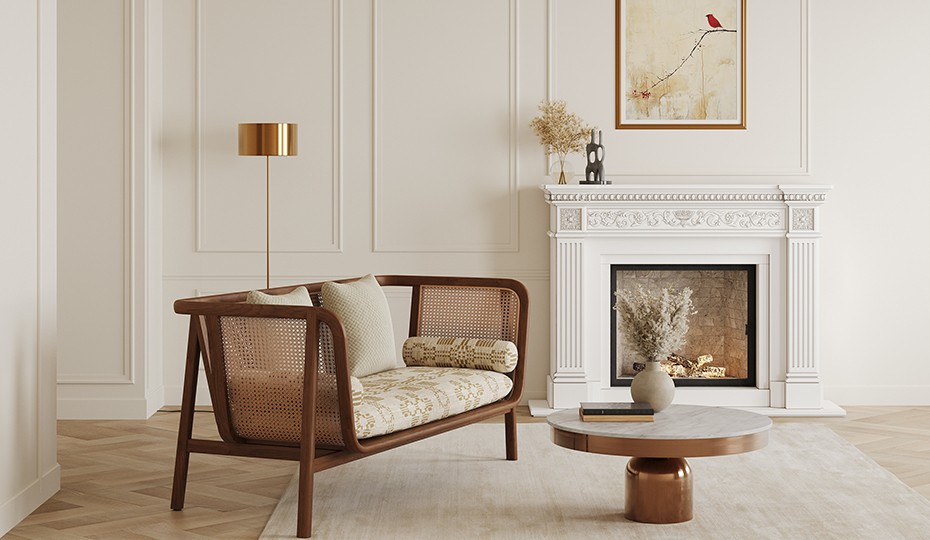 Modern living room interior with wooden armchair and fireplace in neutral tones
