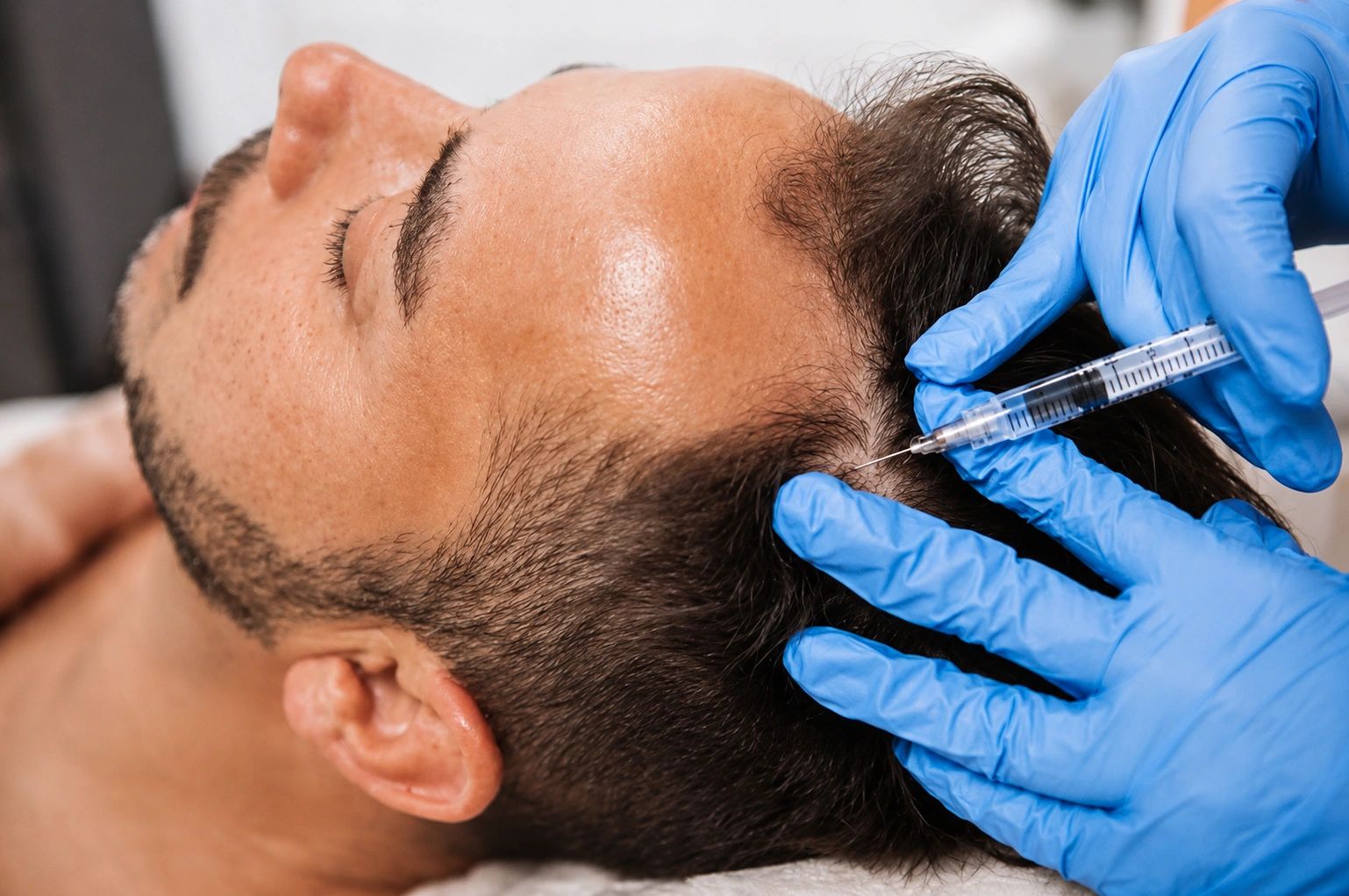 A platelet treatment being applied to the scalp
