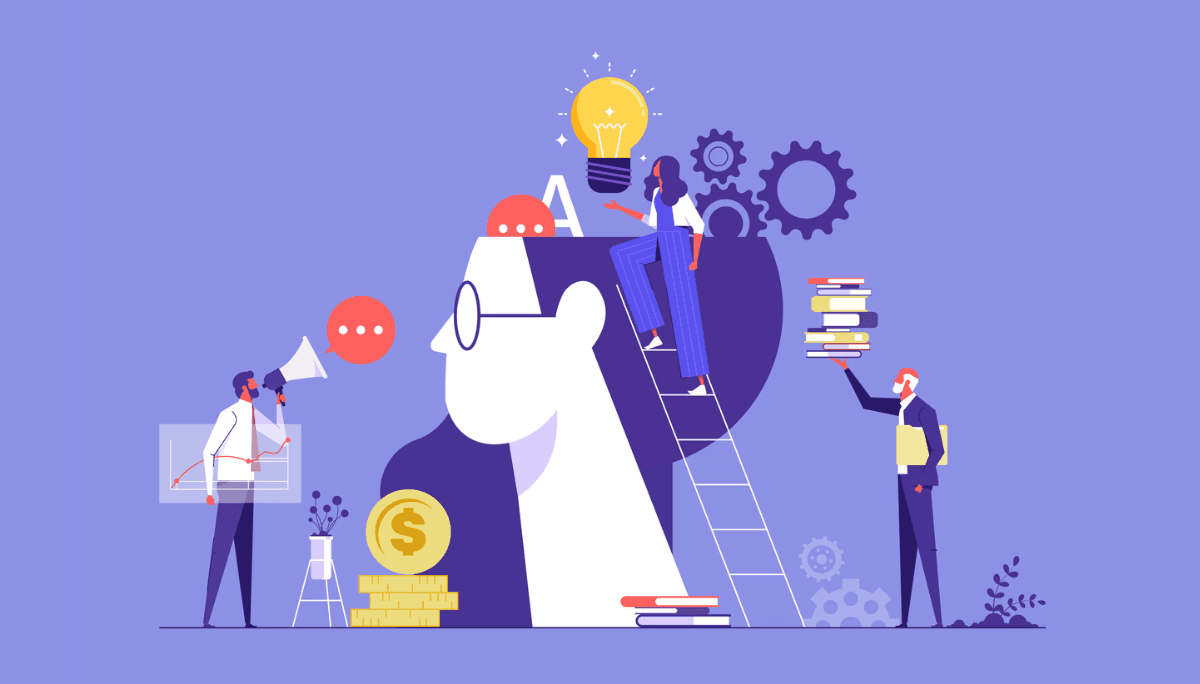 Illustration of individuals engaging with educational tools around a human head symbolizing knowledge—featuring icons like books, a light bulb, and coins.