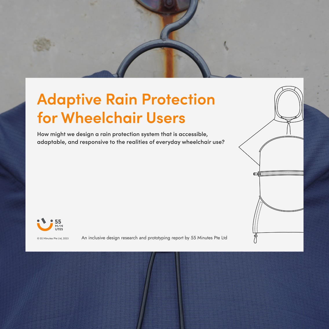 Cover of the 55 Minutes report titled “Adaptable Rain Protection for Wheelchair Users”