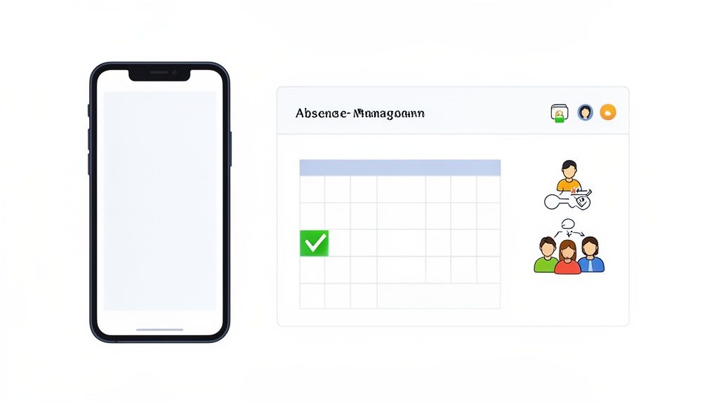 A smartphone next to a digital 'Absence-Management' calendar with a green checkmark and user icons.