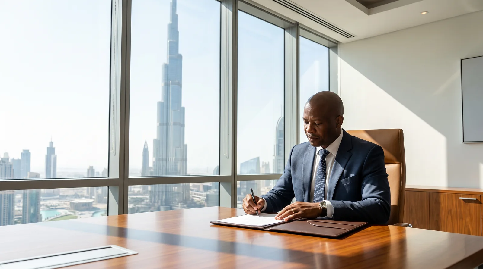 South African founder planning a Dubai company setup at a modern desk with the skyline behind
