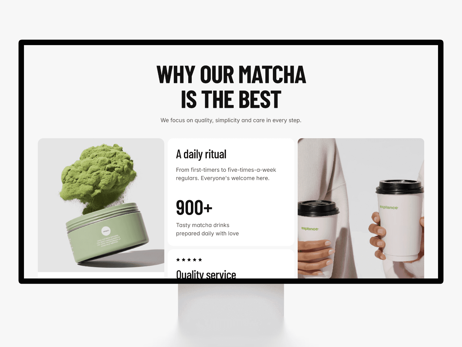 Matcha Shop modern café Framer template preview showing matcha product benefits and drink visuals on desktop screen