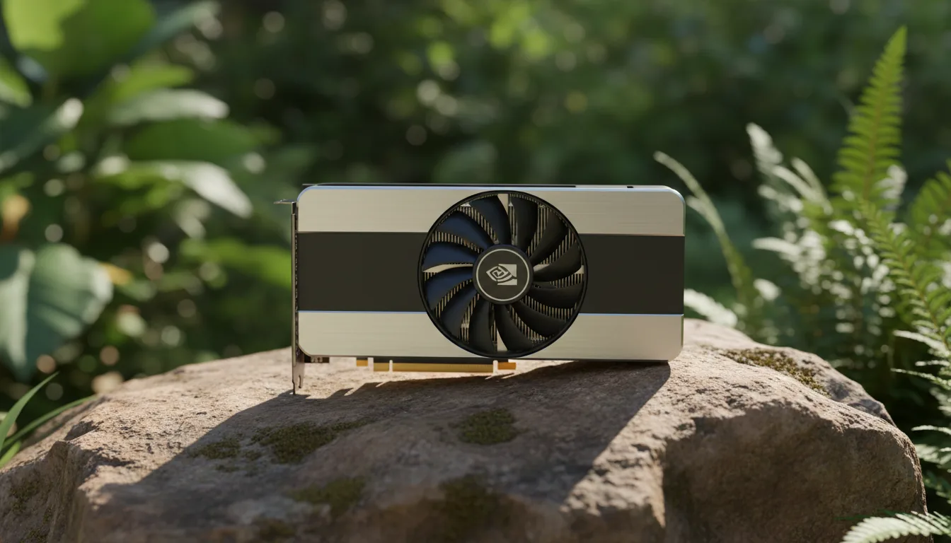 DSLR product photography of an Nvidia RTX 4060 Ti Founder's Edition GPU resting horizontally on a textured, weathered brown rock. The scene is shot outdoors in bright, natural daylight, with the GPU in sharp focus. The background consists of vibrant green garden foliage, softly blurred with a shallow depth of field. The lighting highlights the clean textures of the GPU's brushed silver metal frame and matte black shroud with its large cooling fan.